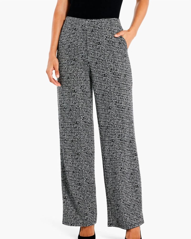 Front of a model wearing a size Large Etched Tweed Wide Leg Ankle Pant in Black Multi in Black Multi by Nic + Zoe. | dia_product_style_image_id:327121